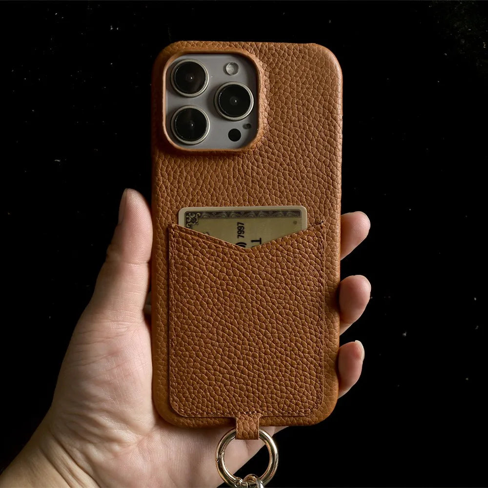 Coque iPhone Cuir avec Pochette et Bandoulière câble - Marron