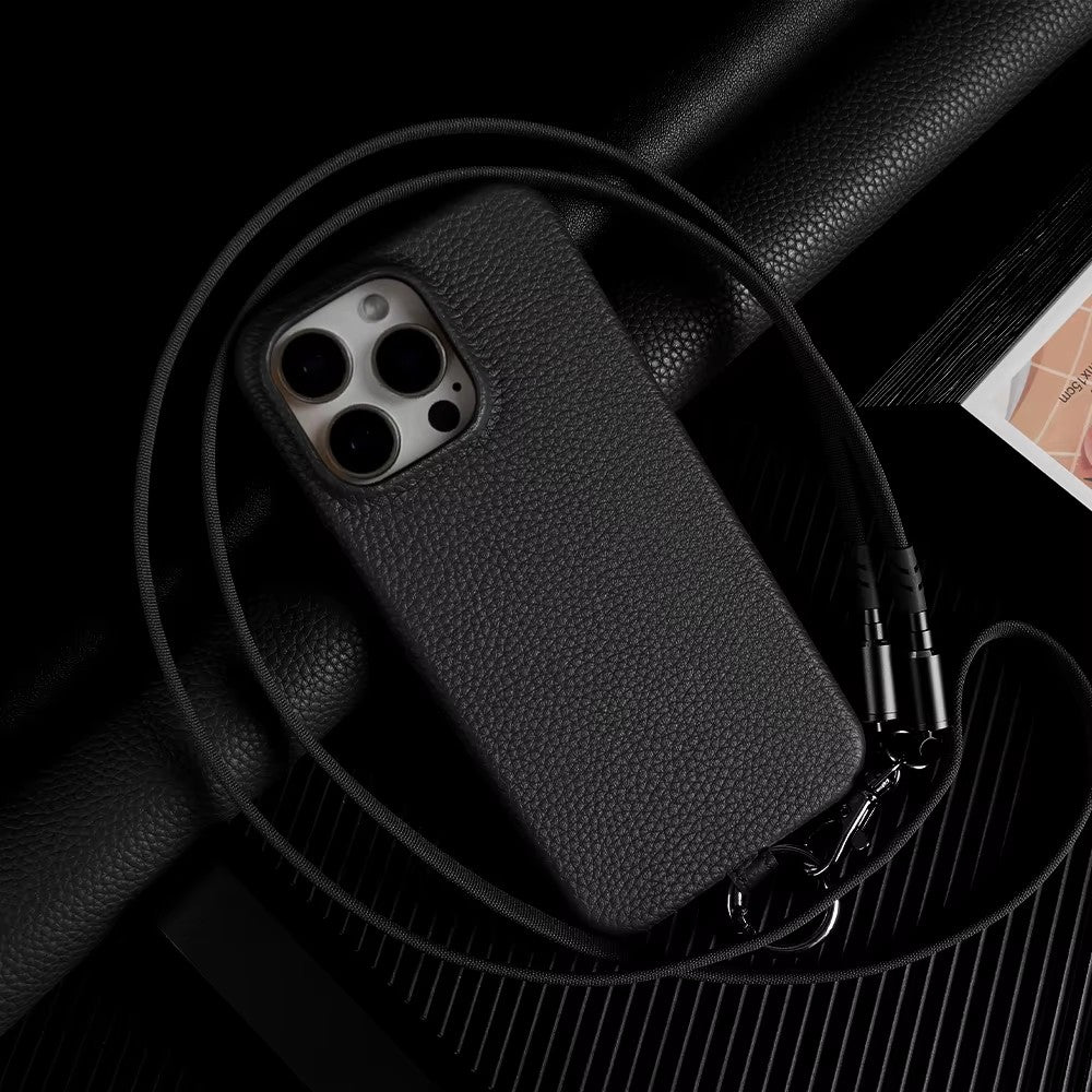 Coque en Cuir avec Bandoulière Câble - Noir