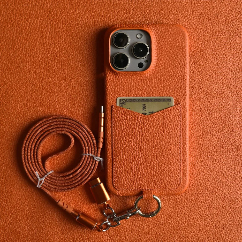 Coque iPhone Cuir avec Pochette et Bandoulière câble - Orange