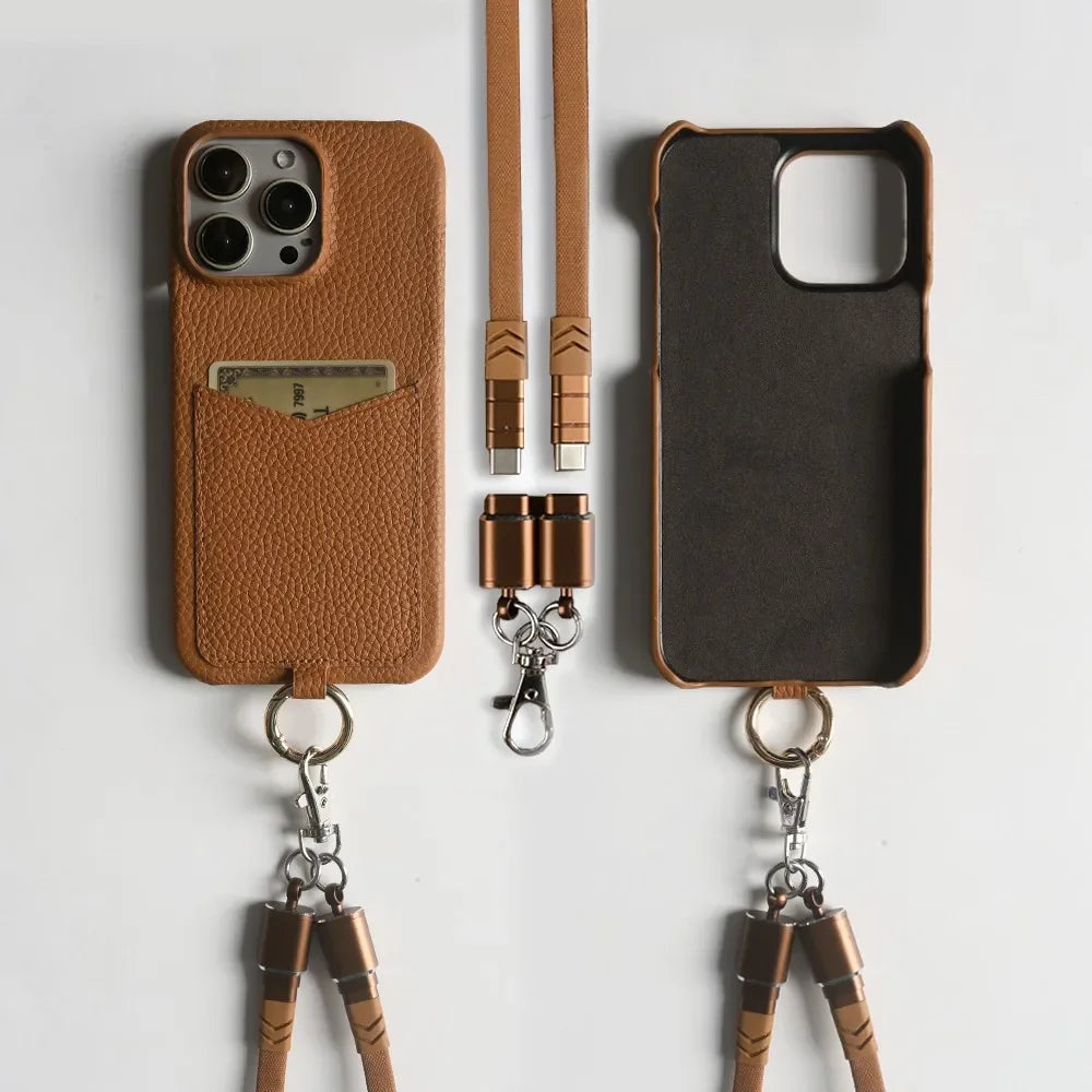 Coque iPhone Cuir avec Pochette et Bandoulière câble - Marron