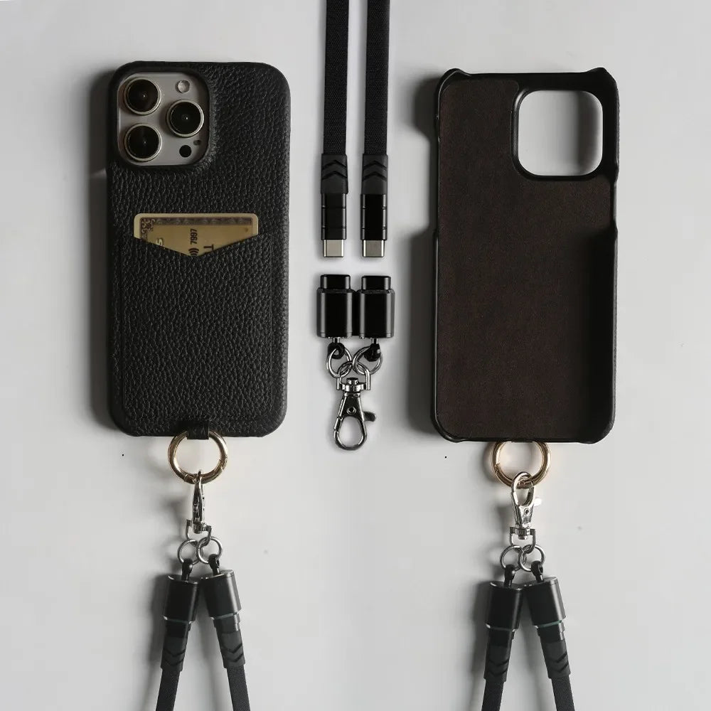 Coque iPhone Cuir avec Pochette et Bandoulière câble - Noir