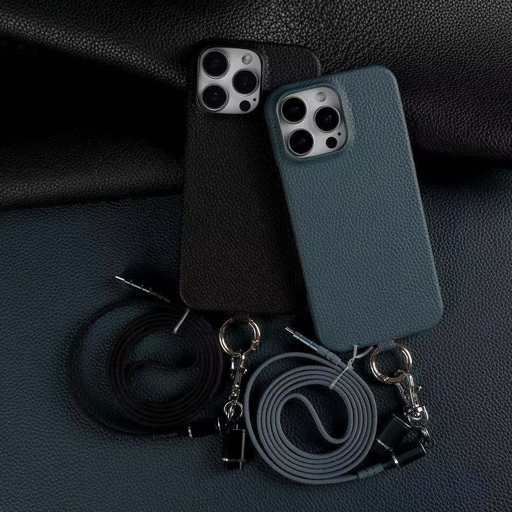 Coque en Cuir avec Bandoulière Câble - Noir