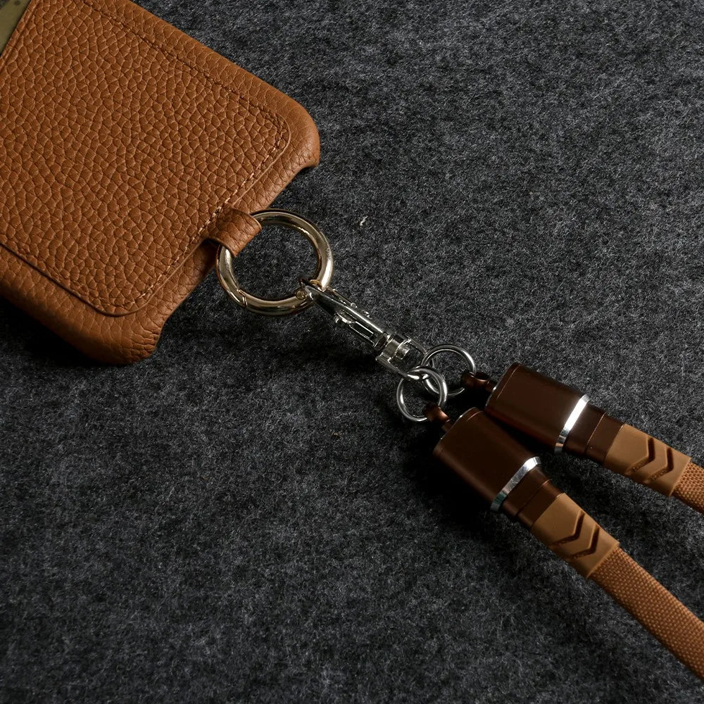 Coque iPhone Cuir avec Pochette et Bandoulière câble - Marron