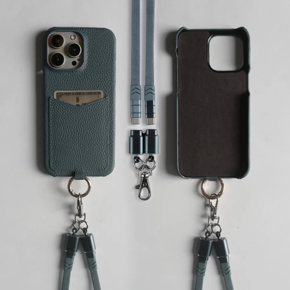 Coque iPhone Cuir avec Pochette et Bandoulière câble - Gris
