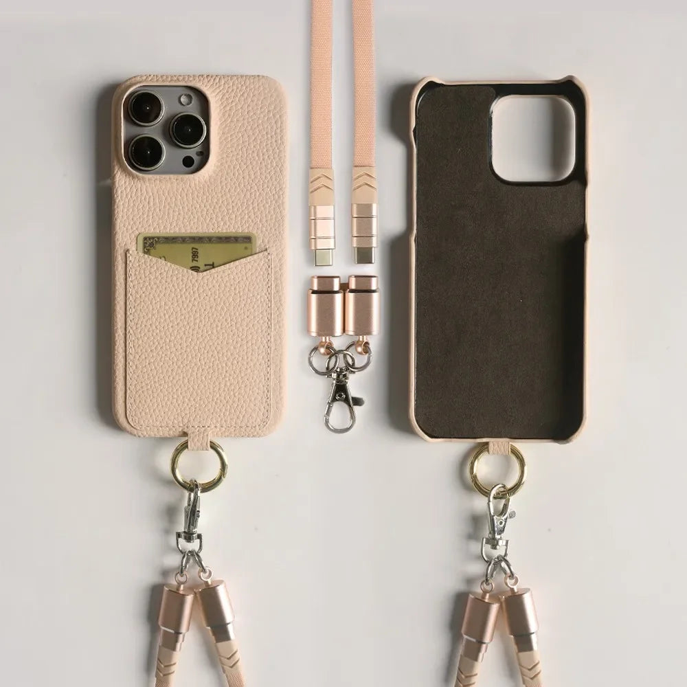 Coque iPhone Cuir avec Pochette et Bandoulière câble - Rose poudré