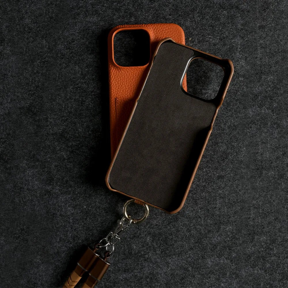 Coque iPhone Cuir avec Pochette et Bandoulière câble - Orange