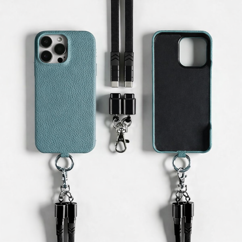 Coque en Cuir avec Bandoulière Câble - Bleu