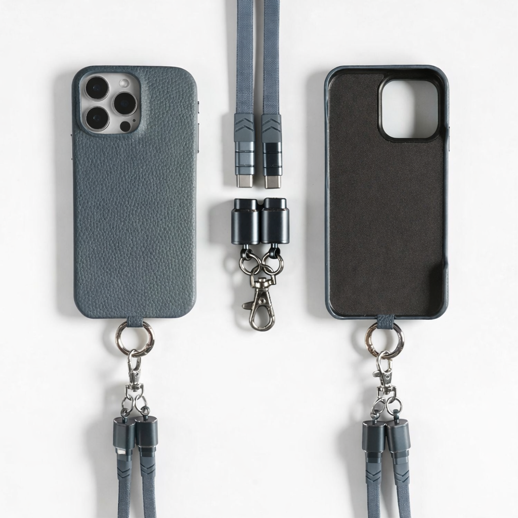 Coque en Cuir avec Bandoulière Câble - Gris ardoise