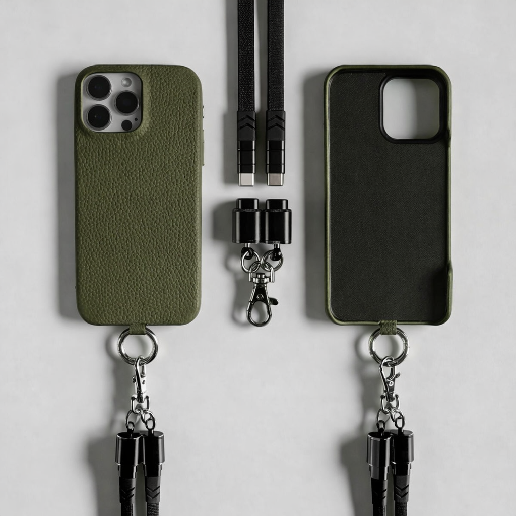 Coque en Cuir avec Bandoulière Câble - Vert kaki