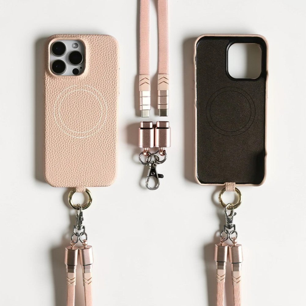 Coque en Cuir avec Bandoulière Câble - Rose poudré