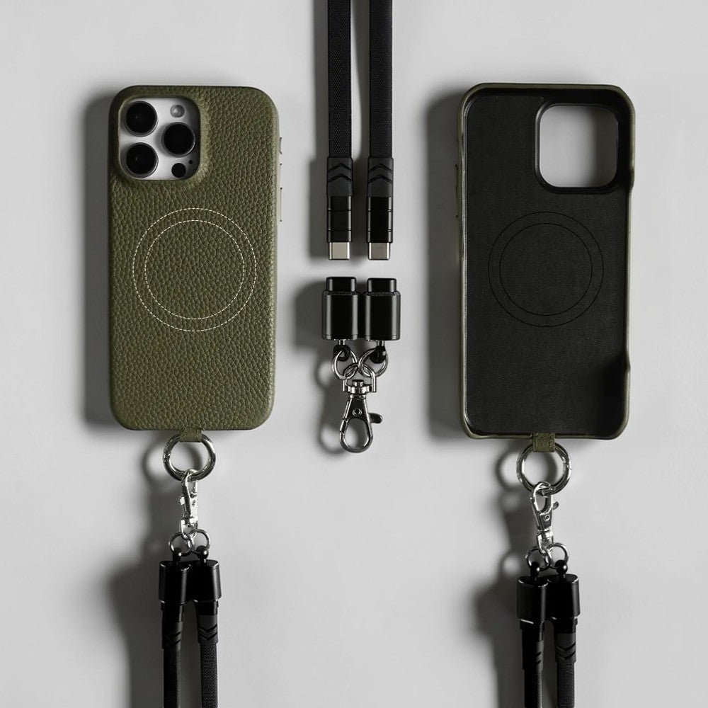 Coque en Cuir avec Bandoulière Câble - Vert kaki