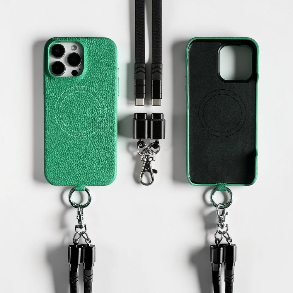 Coque en Cuir avec Bandoulière Câble - Vert émeraude