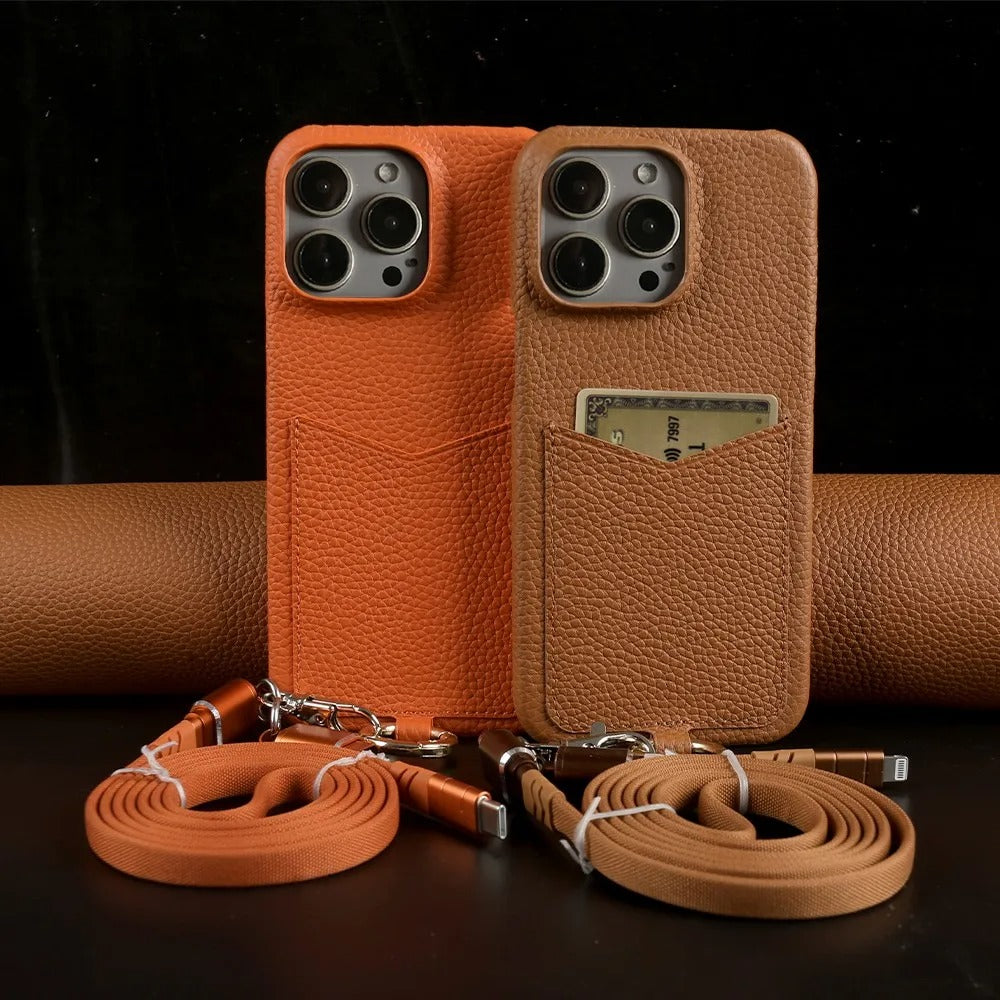 Coque iPhone Cuir avec Pochette et Bandoulière câble - Marron
