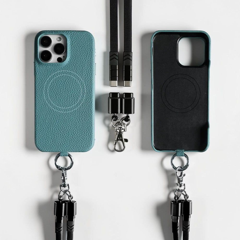 Coque en Cuir avec Bandoulière Câble - Bleu