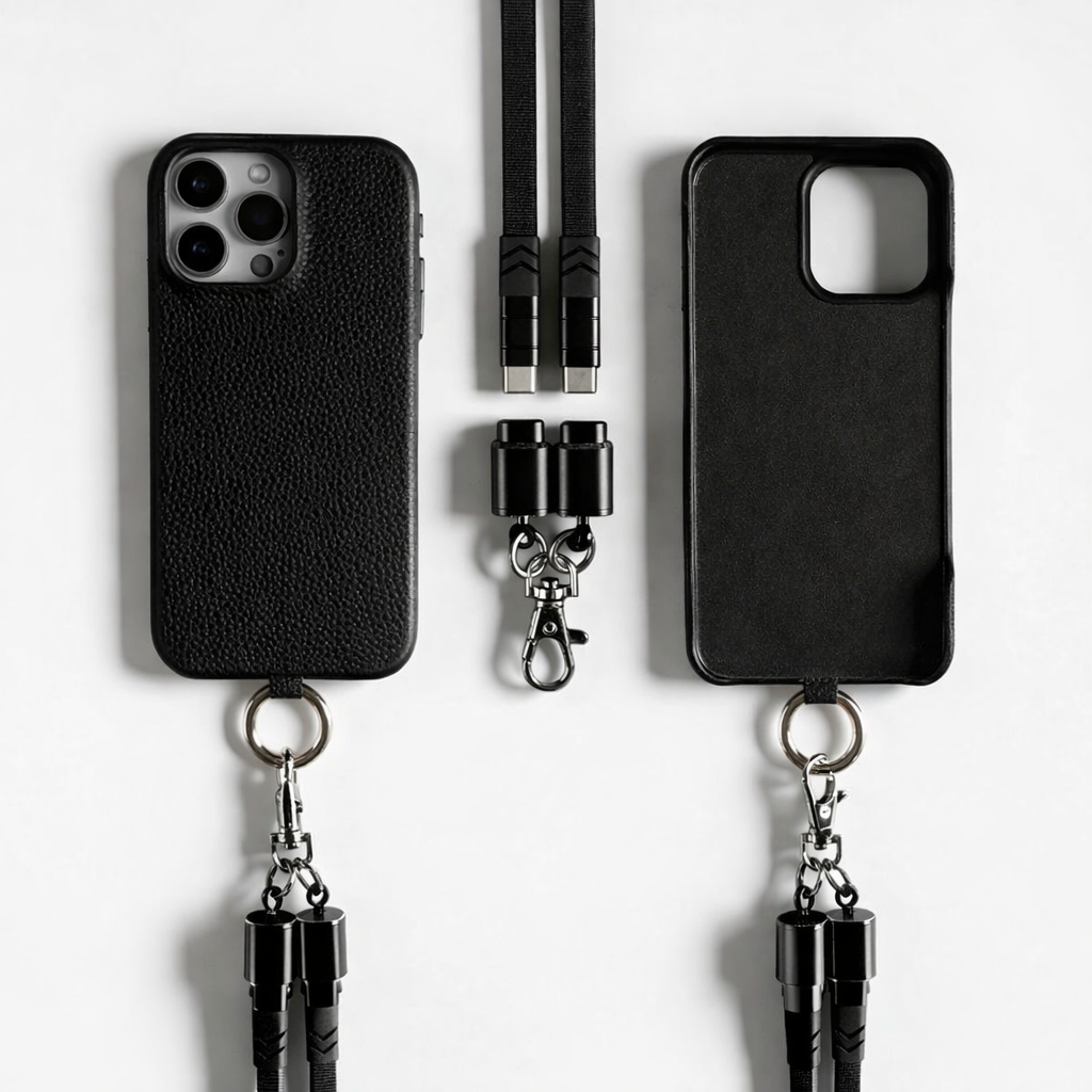 Coque en Cuir avec Bandoulière Câble - Noir