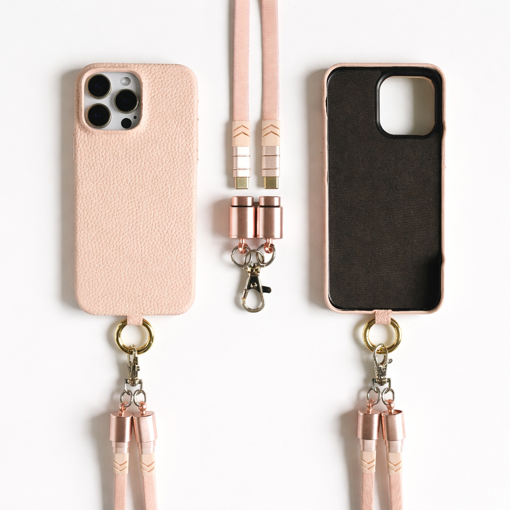 Coque en Cuir avec Bandoulière Câble - Rose poudré